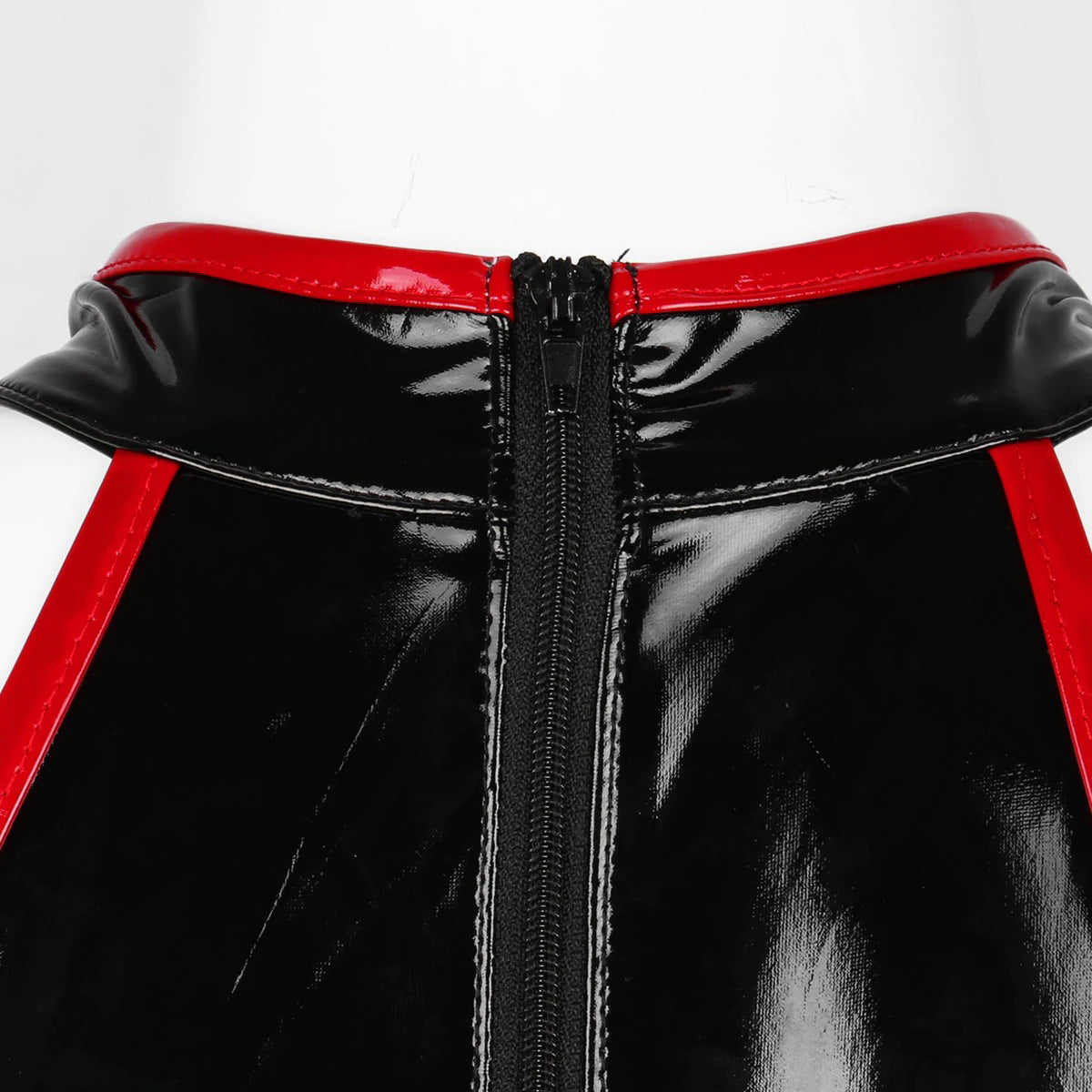 Close-up of the zipper detail on a stylish black and red sleeveless bodycon dress for pole dance.