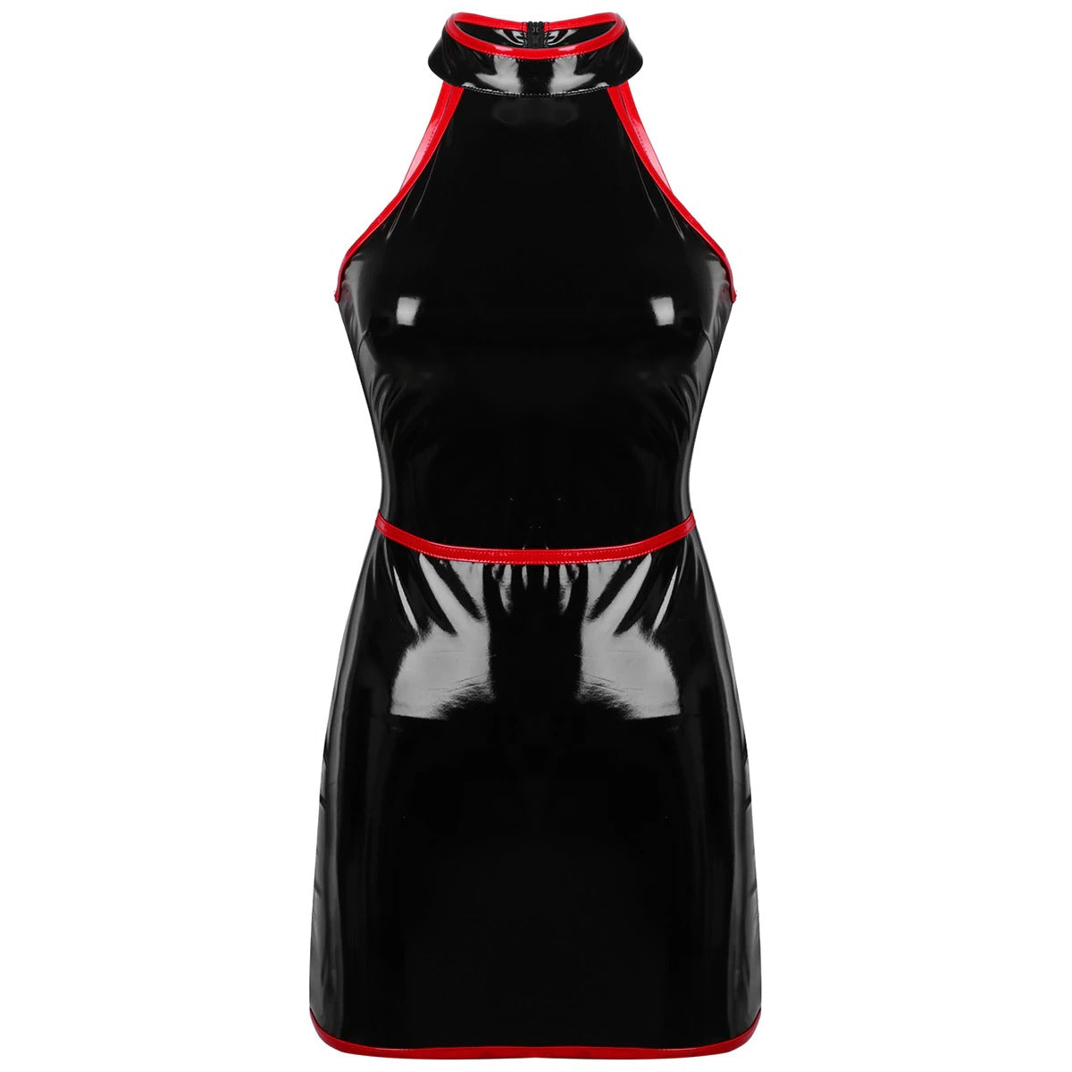 Sleek black sleeveless bodycon dress with red accents, perfect for pole dance and alternative fashion.