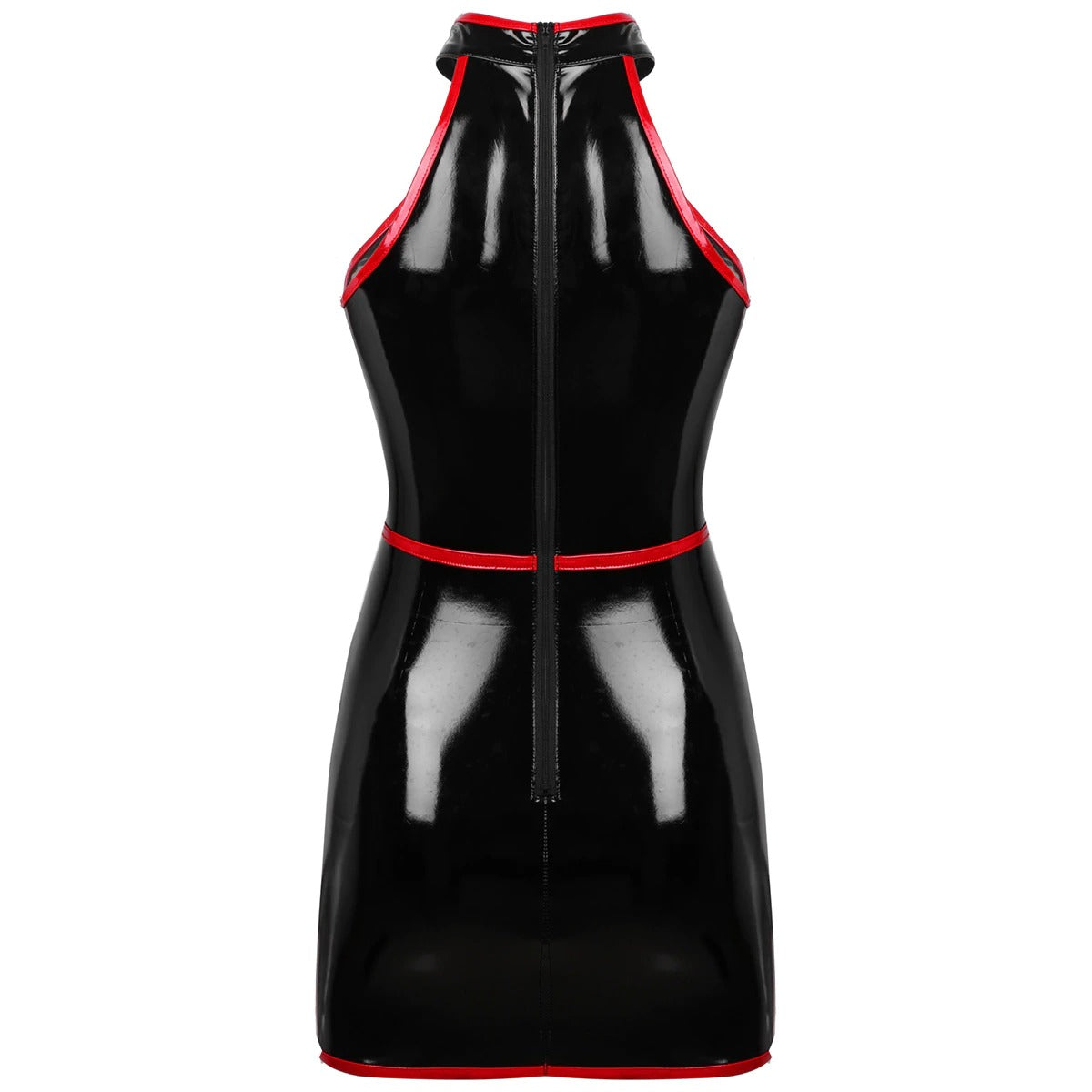 Sleek black sleeveless bodycon dress with red accents, perfect for pole dancing and alternative fashion.