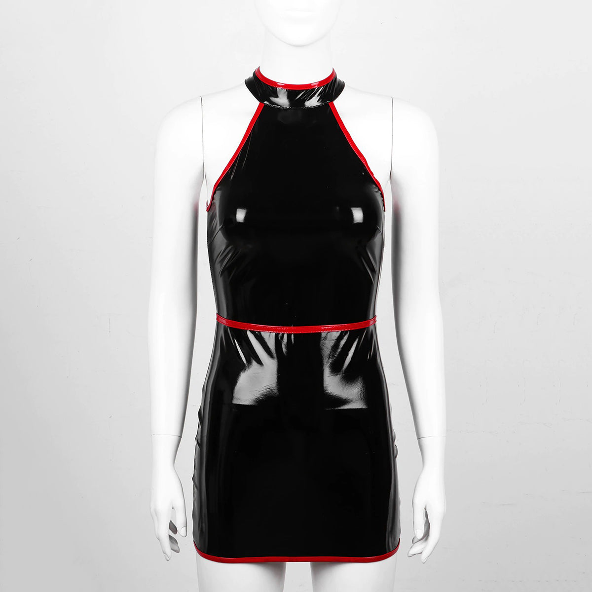 Sleek sleeveless black bodycon dress with red accents, perfect for pole dance and alternative fashion.