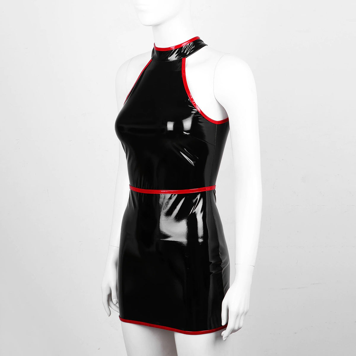 Slim fit sleeveless black wetlook dress with red accents, perfect for pole dancing and alternative fashion.