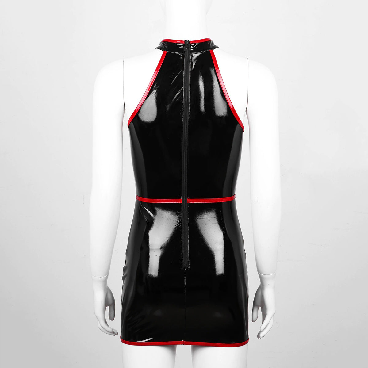 Back view of a sleeveless black bodycon dress with red accents, perfect for pole dance performance.