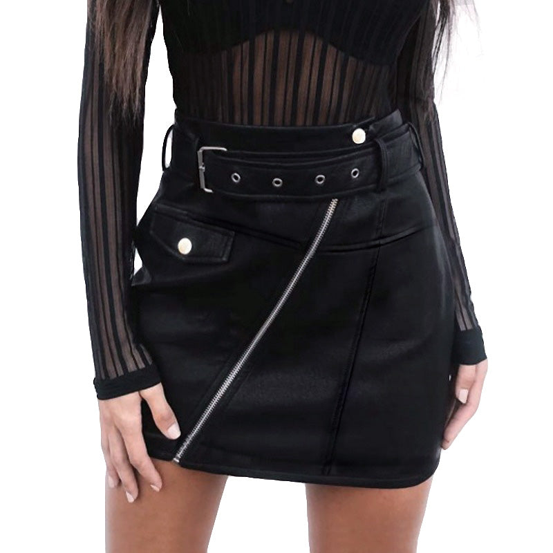 Black faux leather mini skirt with belt and zipper, perfect for gothic rock or punk outfits.