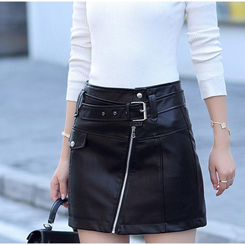 Women's high waist faux leather mini skirt with zippers and belts, perfect for gothic rock and rave outfits.