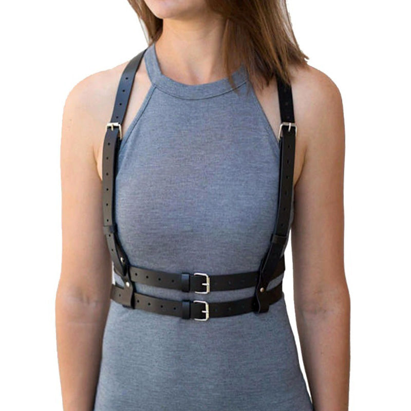 Small body harness belt for women, adjustable bondage garter with Gothic style, featuring imitation leather straps.