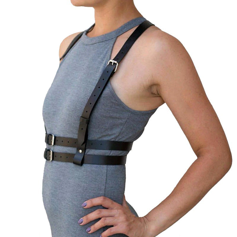 Small black body harness belt for women, adjustable gothic style chest straps on model, perfect for bondage lovers.