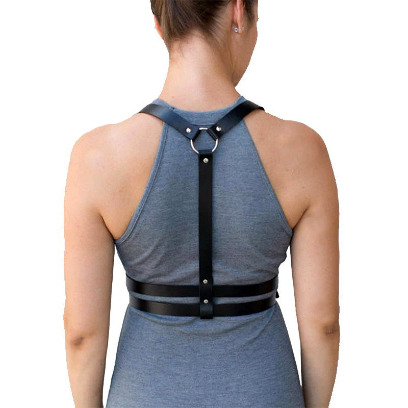 Small body harness belt for women, adjustable chest straps in Gothic style, showcasing imitation leather design.
