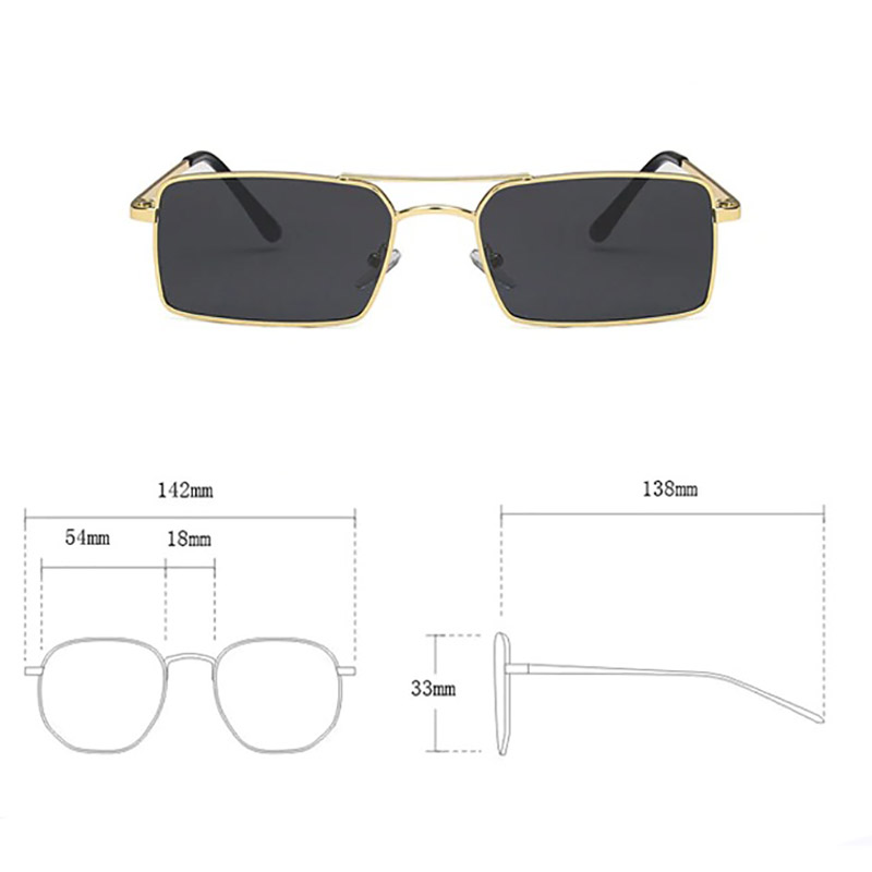 Small square unisex sunglasses frame with black lenses, retro alloy metal design, featuring measurements and sleek style.