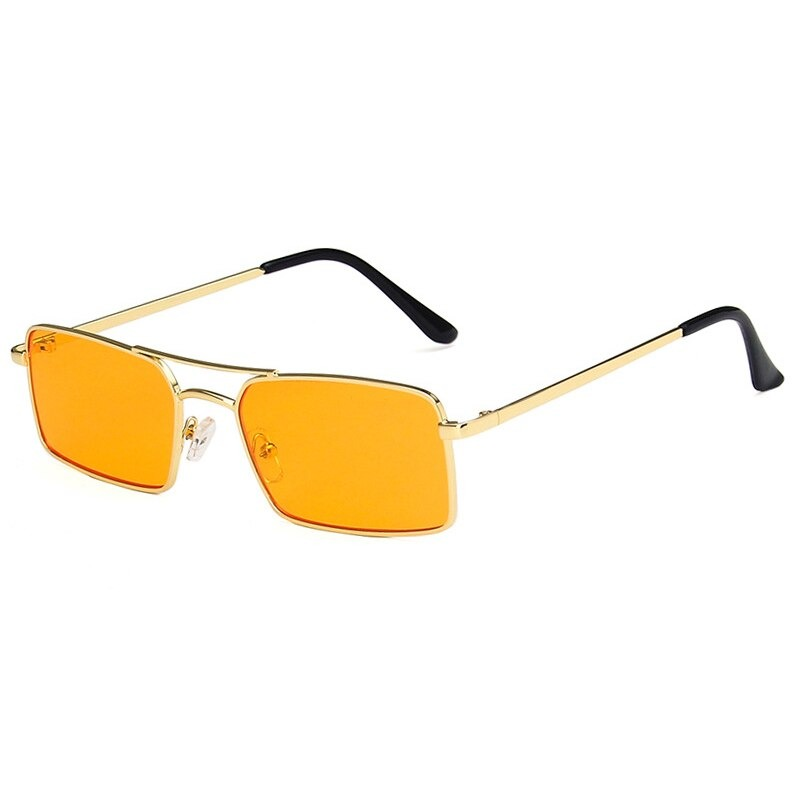Small square unisex sunglasses with orange lenses and gold metal frame, retro style accessory perfect for men and women.