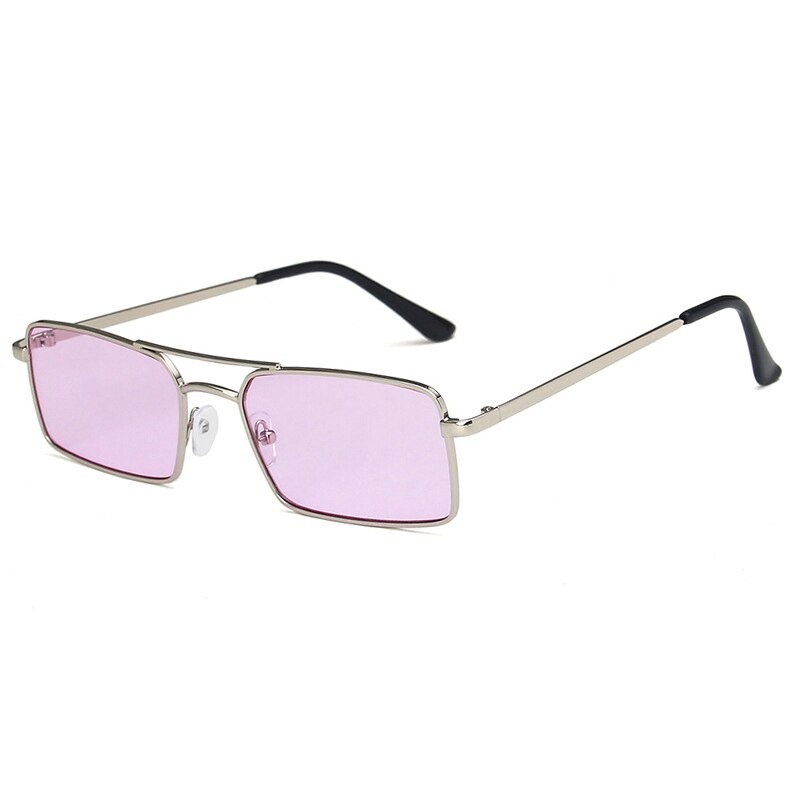 Small square unisex sunglasses with pink lenses and silver alloy frame, perfect for a retro style look.