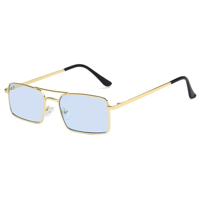 Small square unisex sunglasses with a vintage alloy metal frame and blue lenses, perfect for retro style lovers.