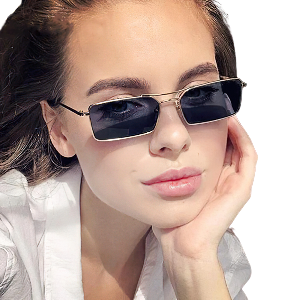 Model wearing small square unisex sunglasses with UV400 protection, showcasing retro style and vintage alloy metal design.