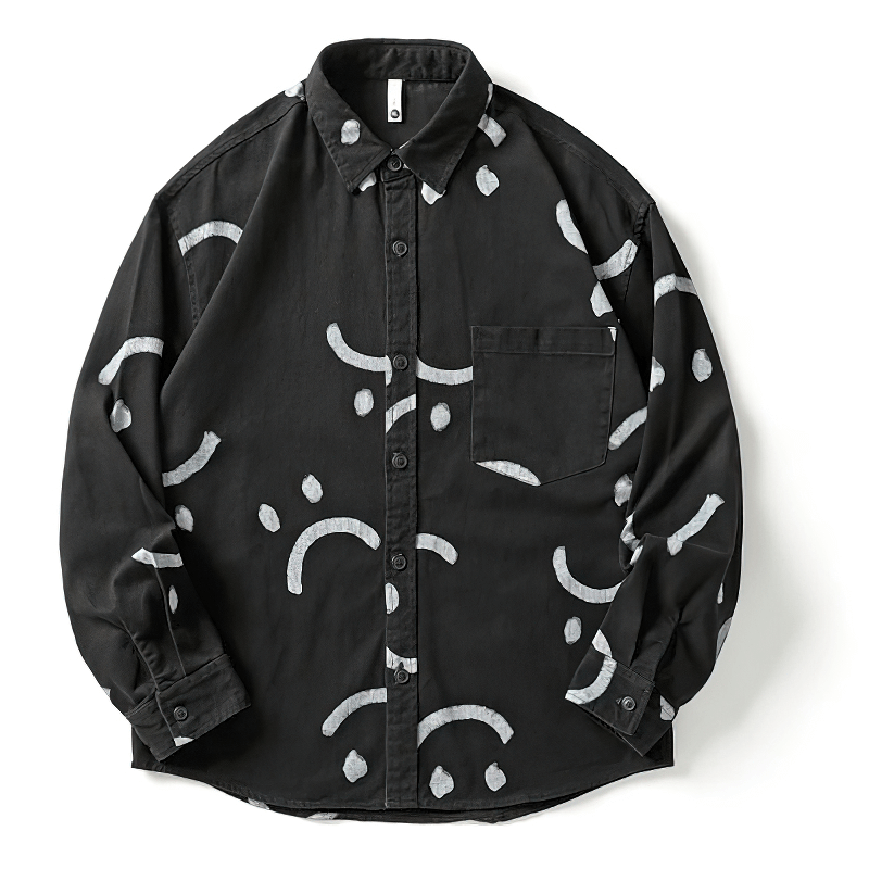 Smiley prints black cotton shirt for men, featuring trendy casual long sleeves and a relaxed fit.