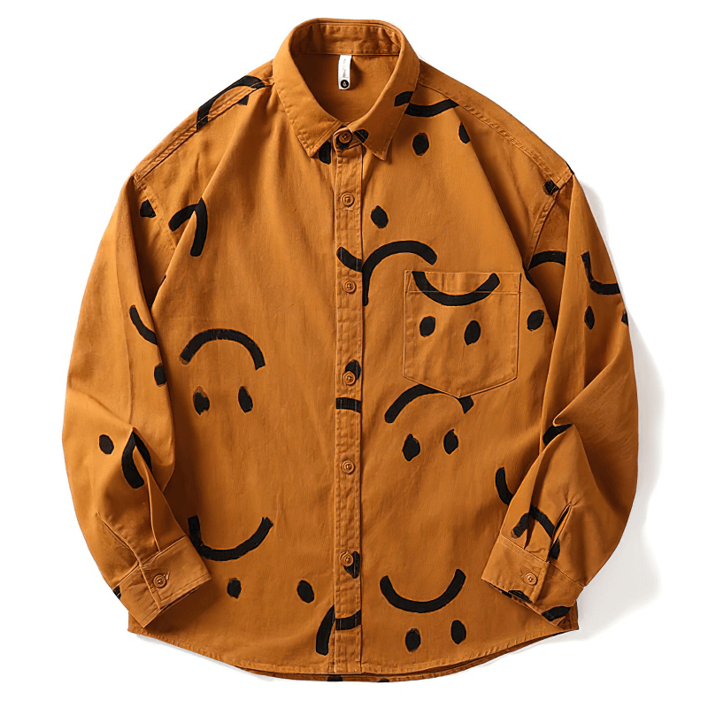 Men's casual smiley print cotton shirt in warm brown, featuring trendy loose long sleeves and a stylish pocket.