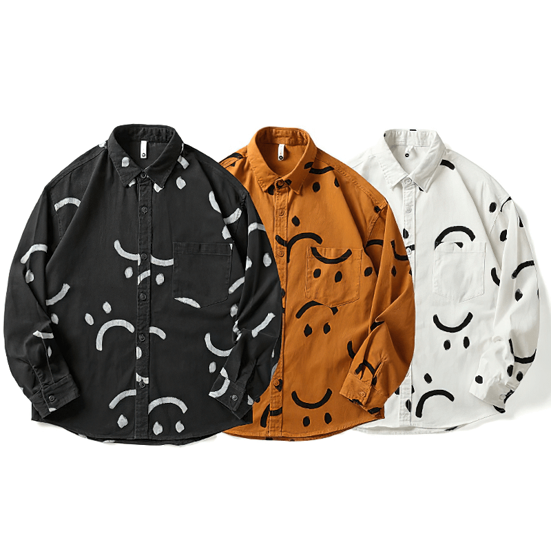 Trendy men's smiley print cotton shirts in black, orange, and white, perfect for casual wear with long sleeves.