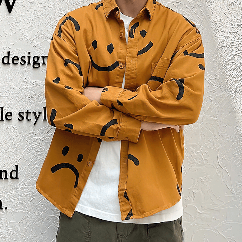 Men's trendy smile print cotton shirt in orange with long sleeves, perfect for casual styling.