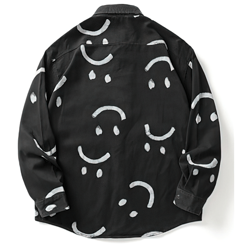 Men's black cotton shirt with smiley prints on the back for a trendy casual look.