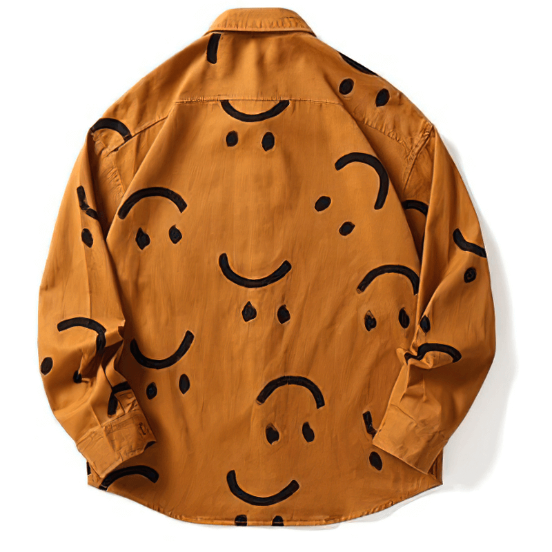 Men's smile print cotton shirt in orange with a trendy casual style and long sleeves.