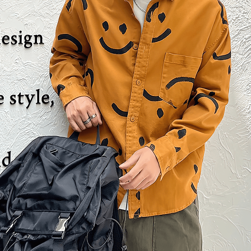 Trendy men's smile print cotton shirt in orange with long sleeves, perfect for casual outings.