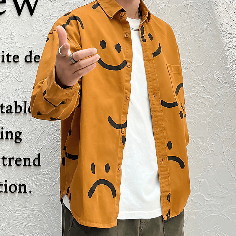 Trendy men's smile print cotton shirt in orange with long sleeves and relaxed fit, perfect for casual wear.