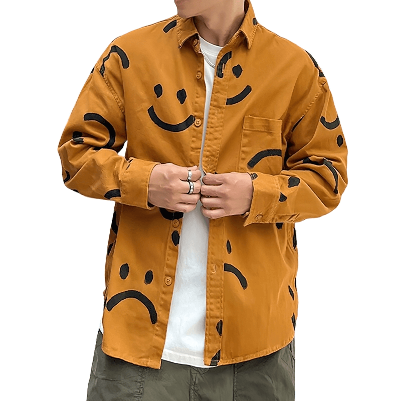 Men's smiley print cotton shirt in trendy orange, perfect for casual wear with long sleeves and a relaxed fit.