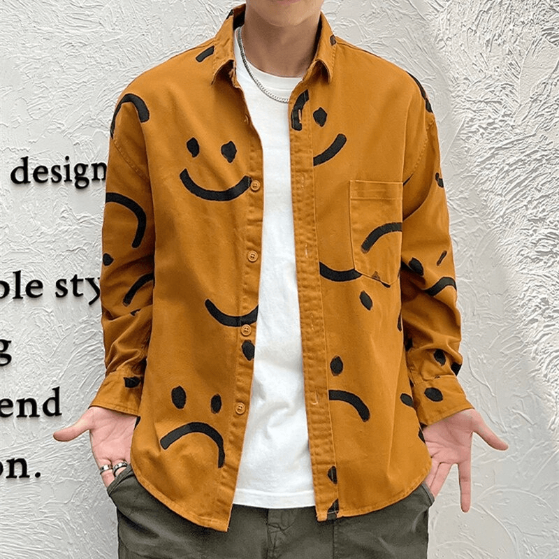 Men's casual smile print cotton shirt in brown, trendy loose long sleeves, perfect for stylish comfort.