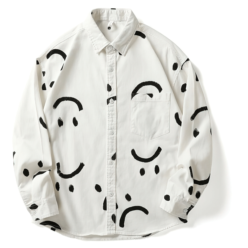 Men's smile print cotton shirt with long sleeves, perfect for casual trendy outfits.