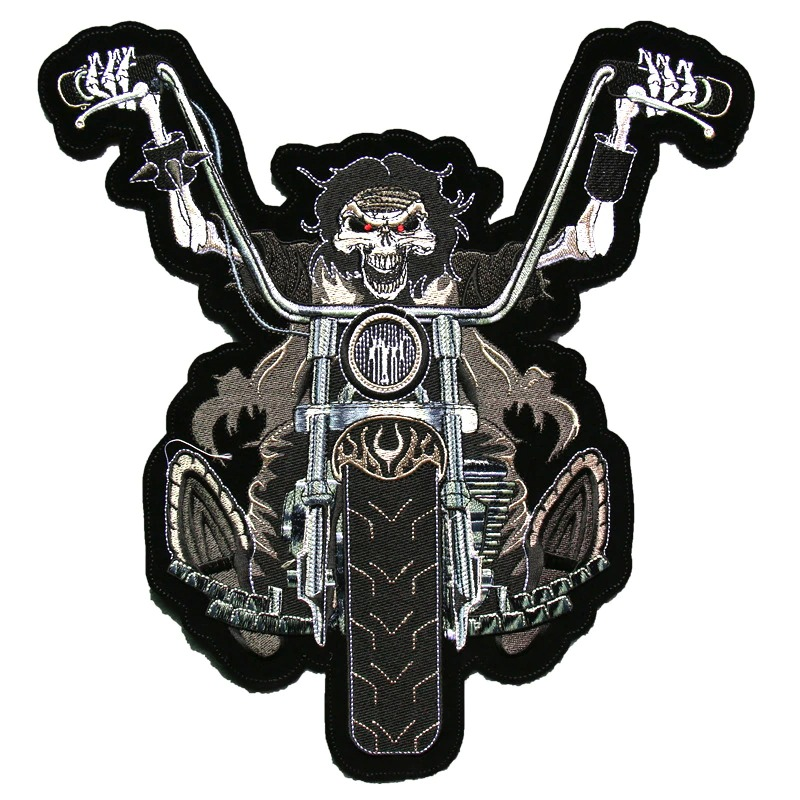 Smiling skeleton biker patch with outstretched arms, perfect for jackets or bags in a bold design.