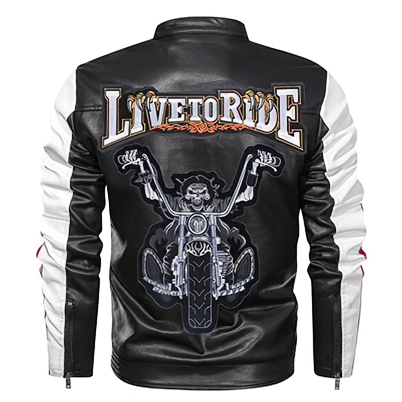 Black leather biker jacket with 'Live to Ride' text and skeleton graphic, perfect for motorcycle enthusiasts.