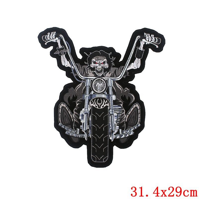 Large smiling skeleton biker patch featuring a skull riding a motorcycle, perfect for jackets and bags.