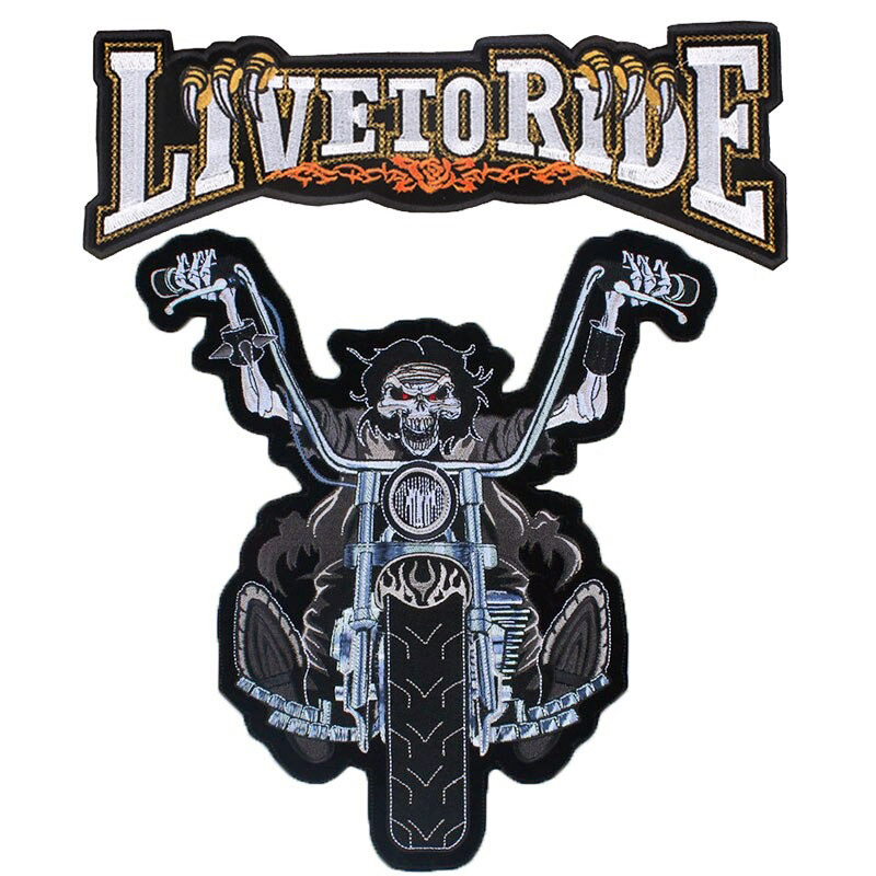 Large embroidered biker patch featuring a skeleton on a motorcycle with 'Live to Ride' text above.