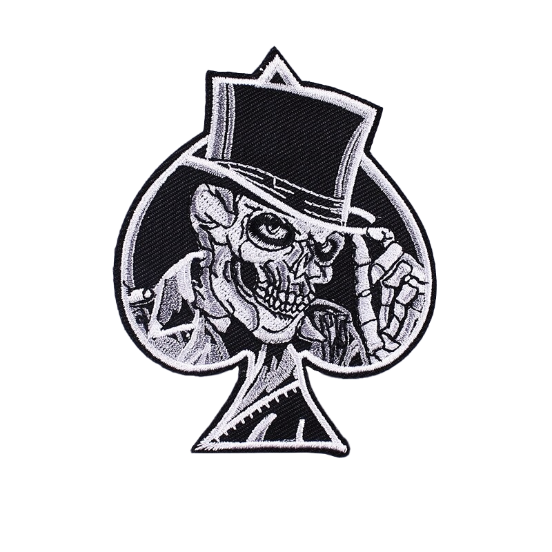Smiling skull patch with vintage hat, spade shape, perfect for unisex rave outfits on jackets and bags.