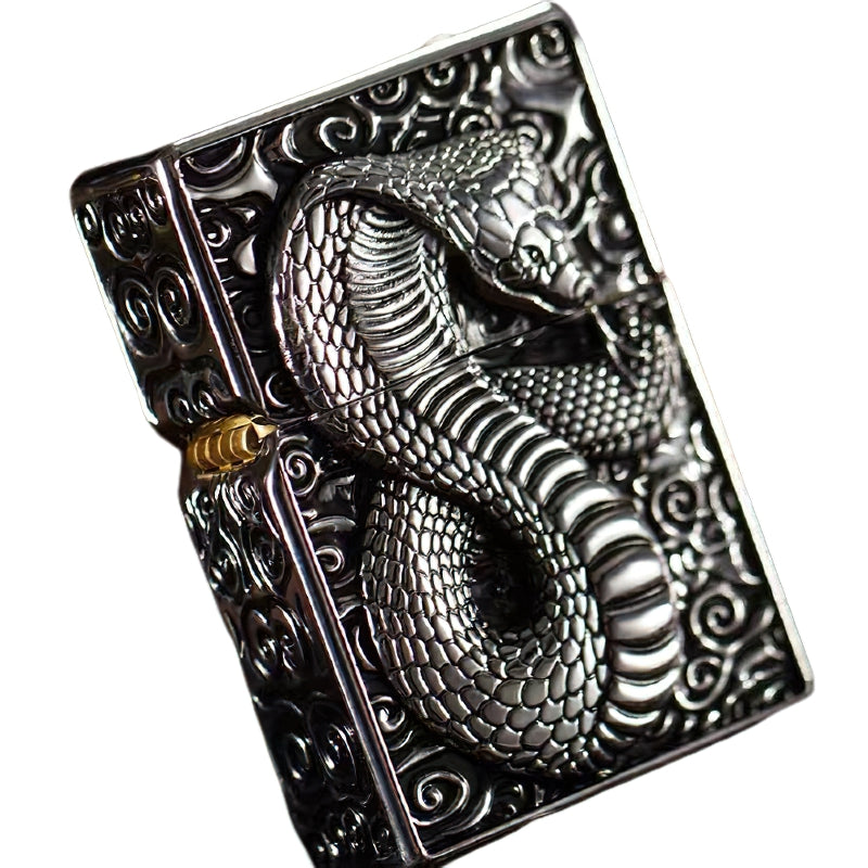 Snake design gasoline lighter with detailed metal relief, perfect for stylish smokers and unique gifts.
