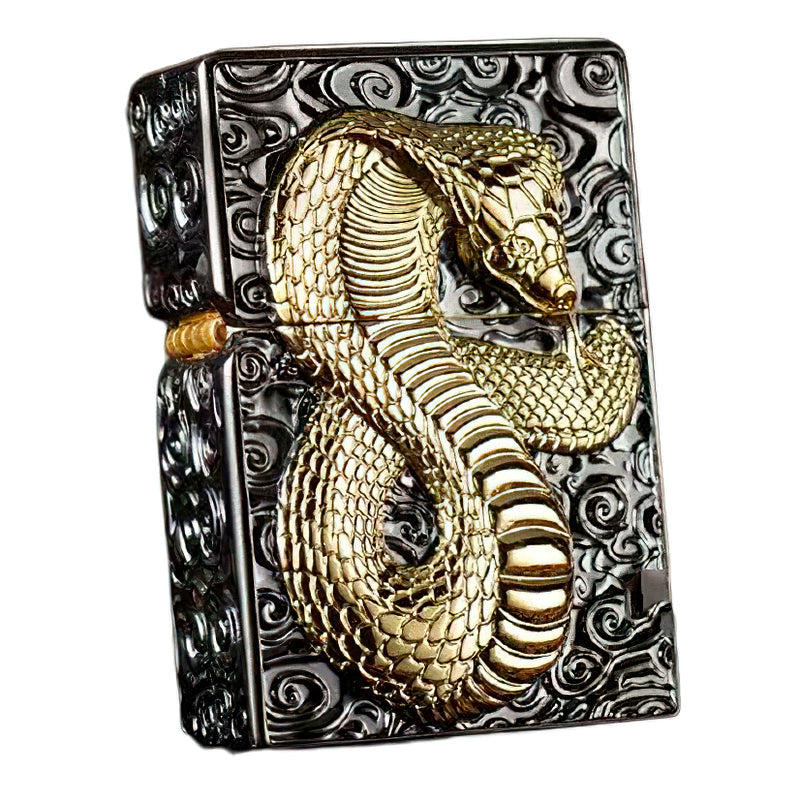 Snake design gasoline lighter featuring a stunning metal relief, perfect for smokers and stylish gadget lovers.