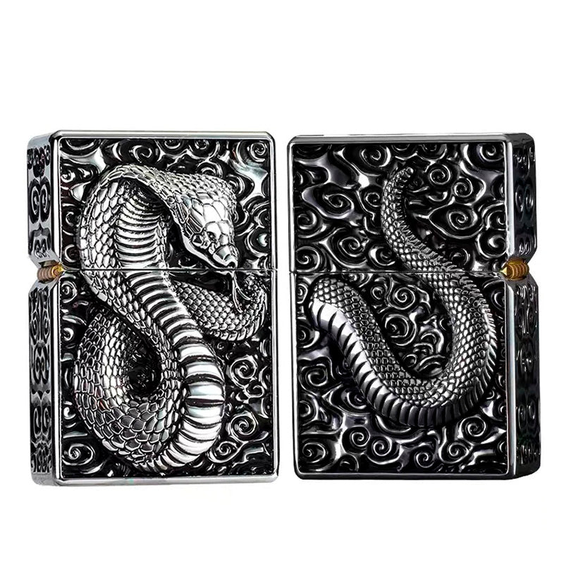 Snake design gasoline lighter with intricate metal relief, perfect unisex accessory for smokers and gift lovers.