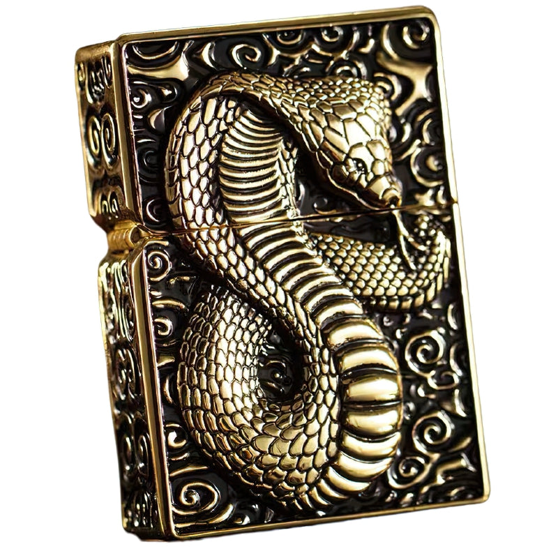 Snake design gasoline lighter in a stylish metal finish, perfect for smokers and as a unique gift.
