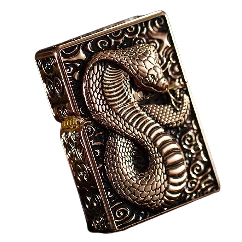 Snake design gasoline lighter with intricate metal relief, ideal for stylish smokers and a unique gift choice.