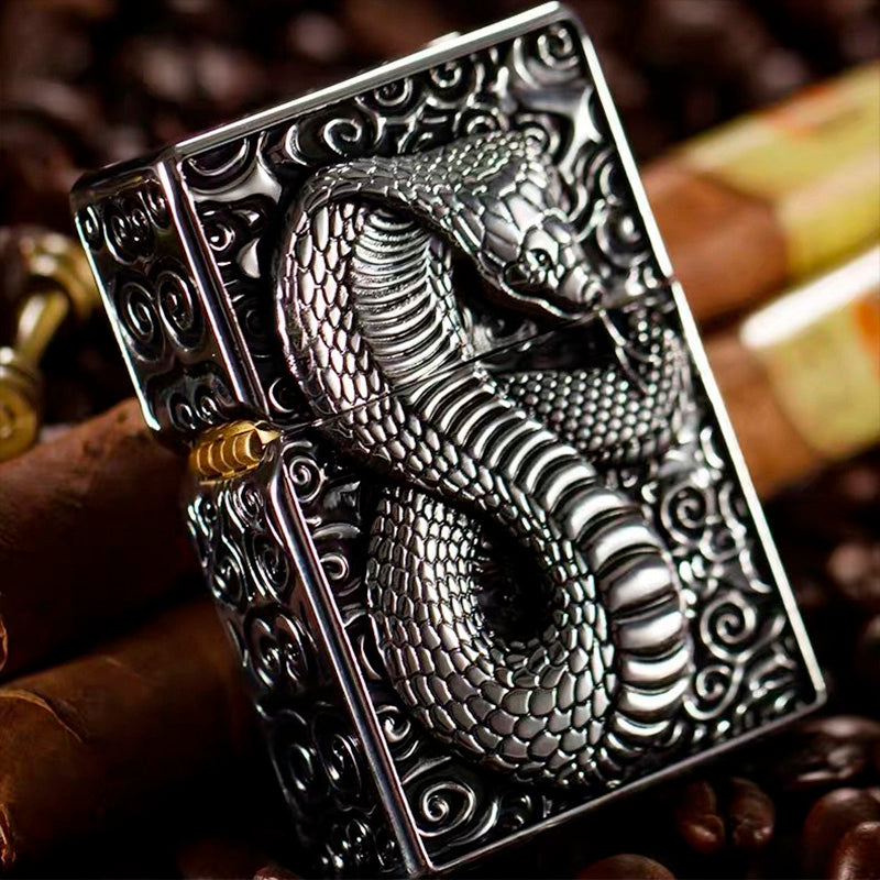 Snake design gasoline lighter featuring an intricate metal relief, perfect for stylish smokers and unique gifts.