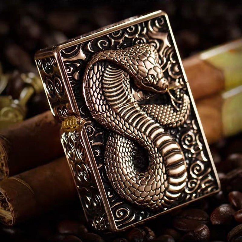 Snake design gasoline lighter featuring intricate metal relief, ideal for stylish smokers and unique gifts.