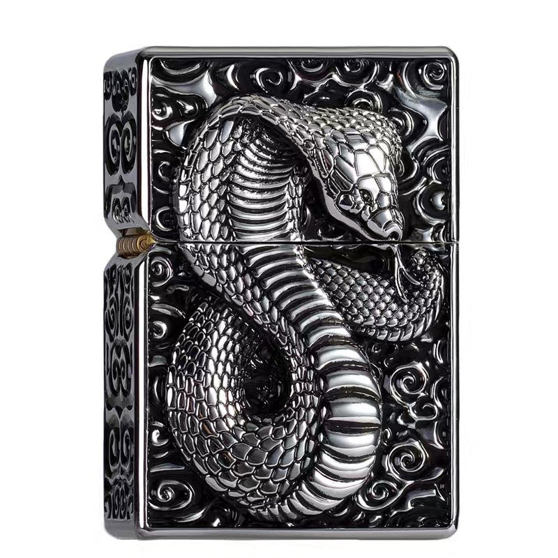 Snake design gasoline lighter with intricate metal relief, perfect for stylish smokers and gadget lovers.