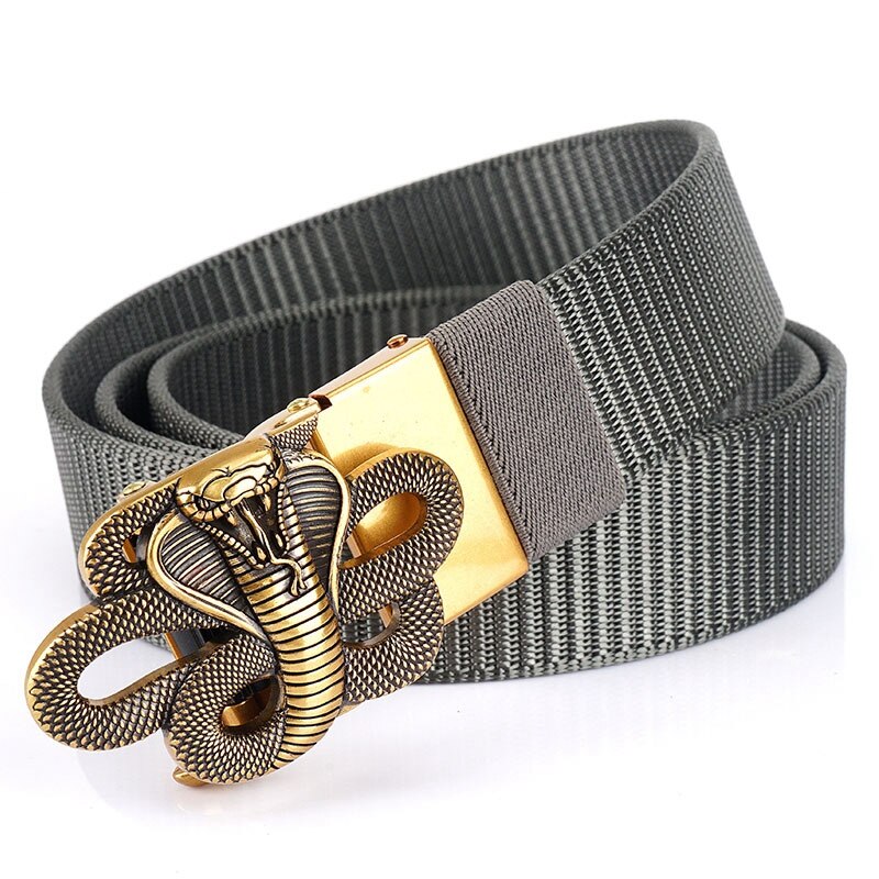 Snake designer nylon military belt with gold metal automatic buckle and knitted pattern surface.