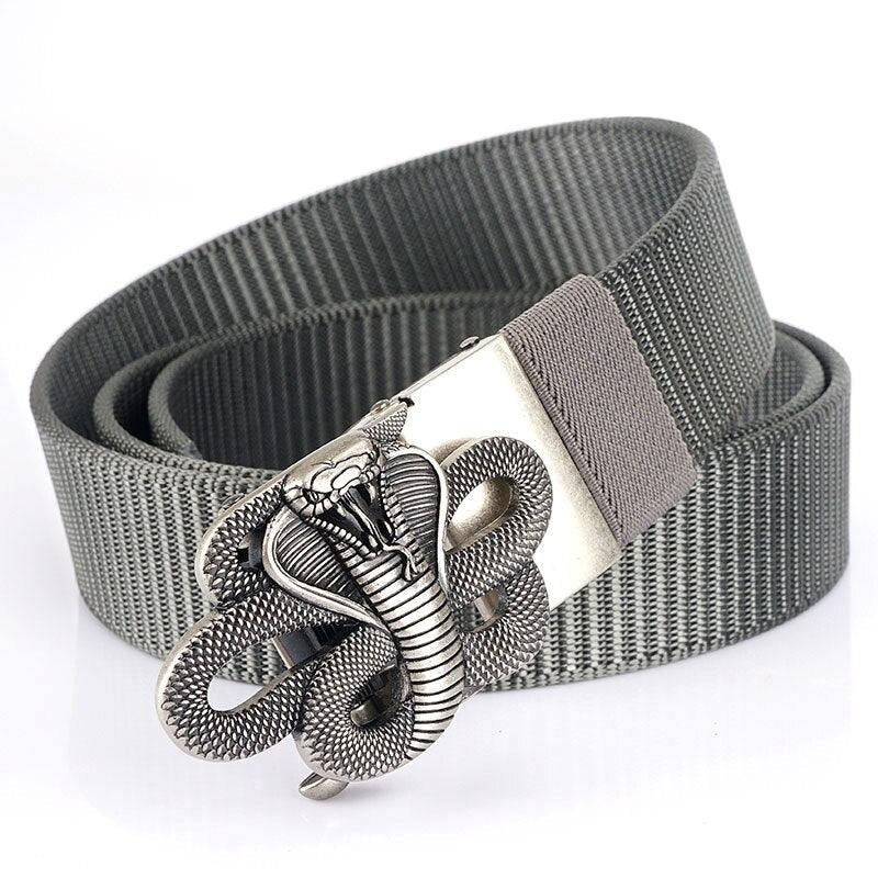 Snake Designer nylon belt with metal snake buckle, military style, grey woven fabric for unisex use.