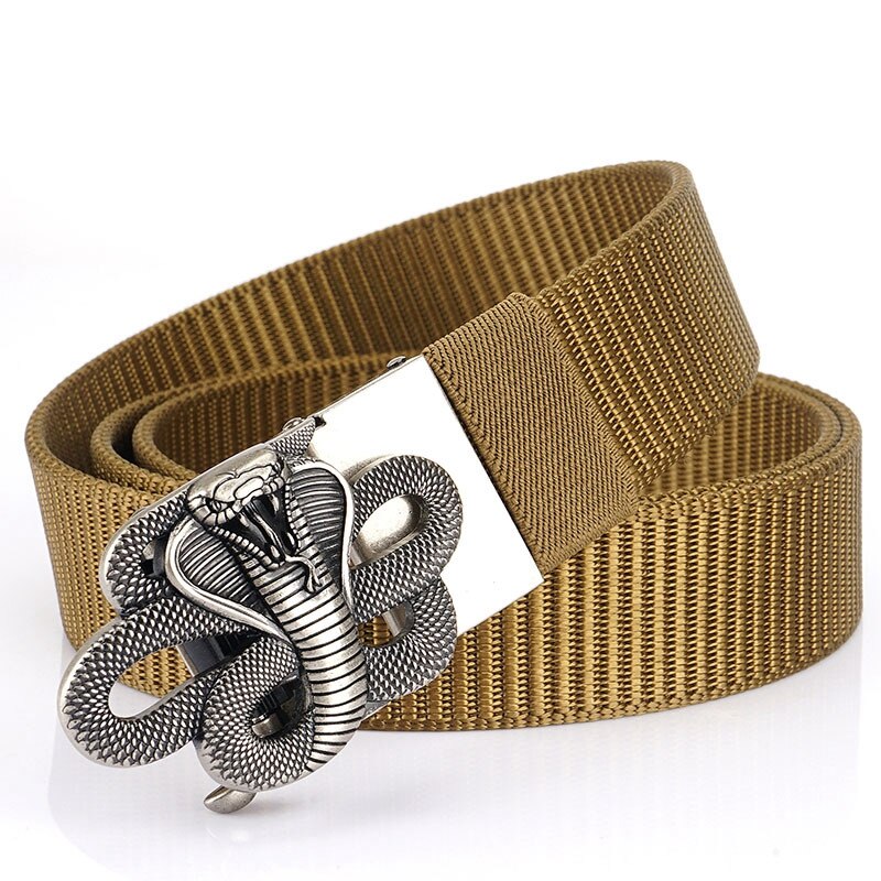 Snake Designer Nylon Belt with metal automatic buckle, military style unisex multifunctional accessory.
