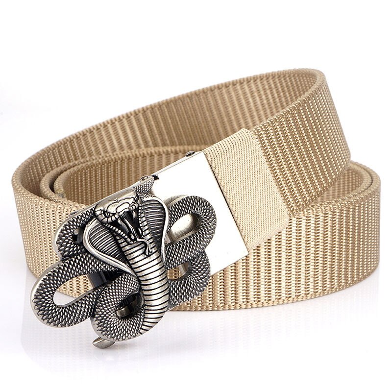 Snake Designer Nylon Belt with metallic snake automatic buckle, unisex military style, durable polyester material.