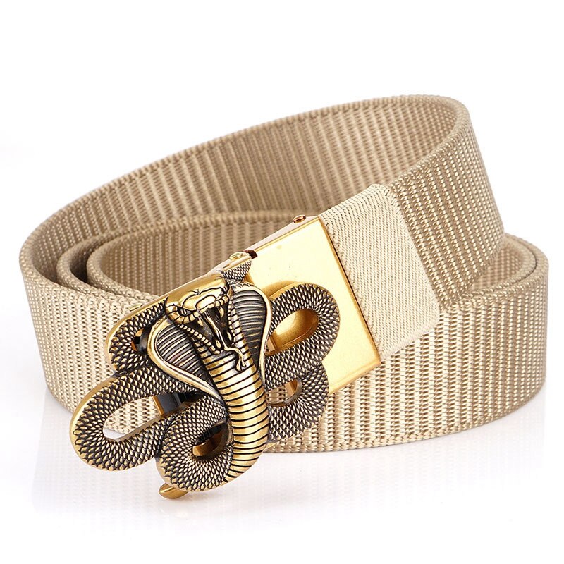 Snake designer nylon belt with metal automatic buckle, military style, unisex, perfect for casual and outdoor wear.