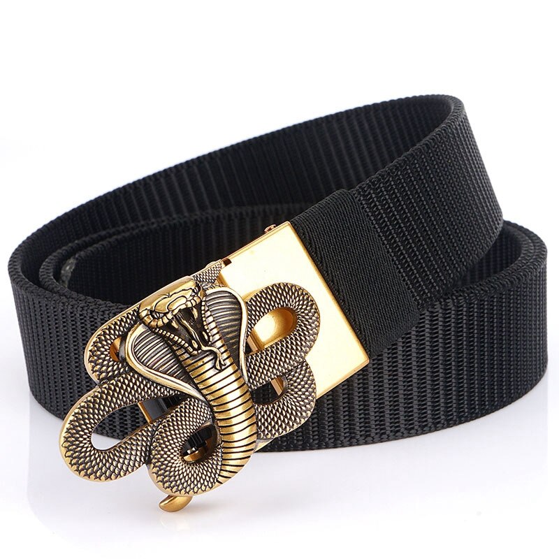 Black snake designer nylon belt with metal automatic buckle, perfect for military style outfits.