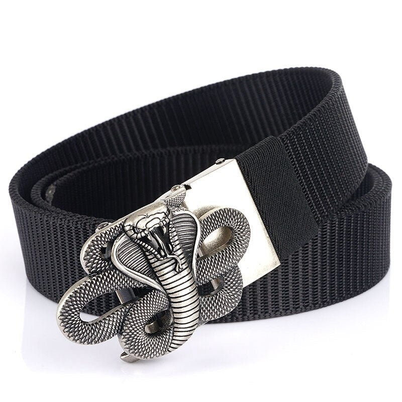 Snake designer nylon belt featuring a stylish metal snake buckle, perfect for military and unisex styles.