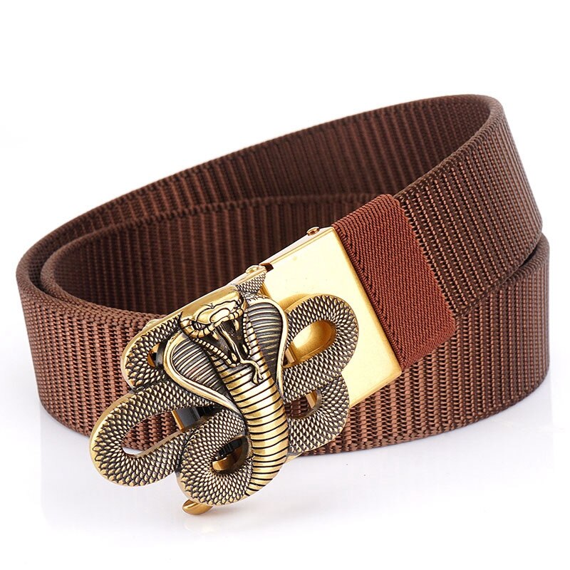 Snake designer nylon belt with metal automatic buckle in brown, perfect for a stylish military look.