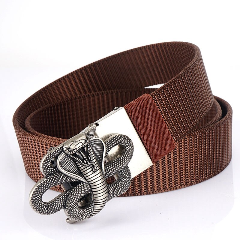 Snake Designer Nylon Belt with metal snake buckle, unisex military style, versatile and stylish for all occasions.