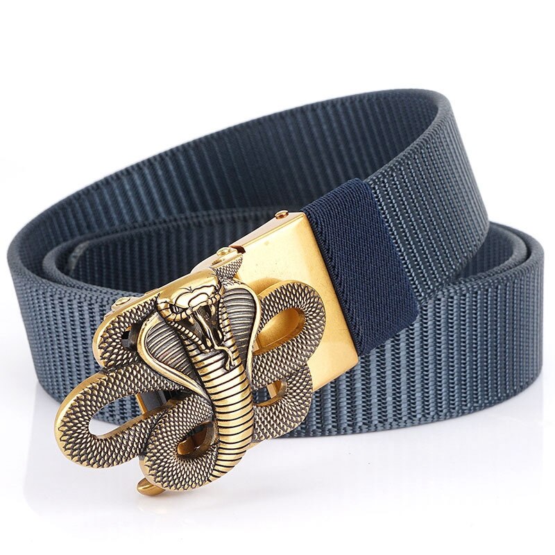 Snake designer nylon belt with a stylish metal automatic buckle and knitted surface, perfect for military-style outfits.